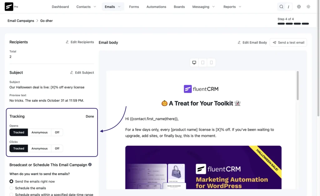 FluentCRM email campaign setup screen highlighting the tracking options.