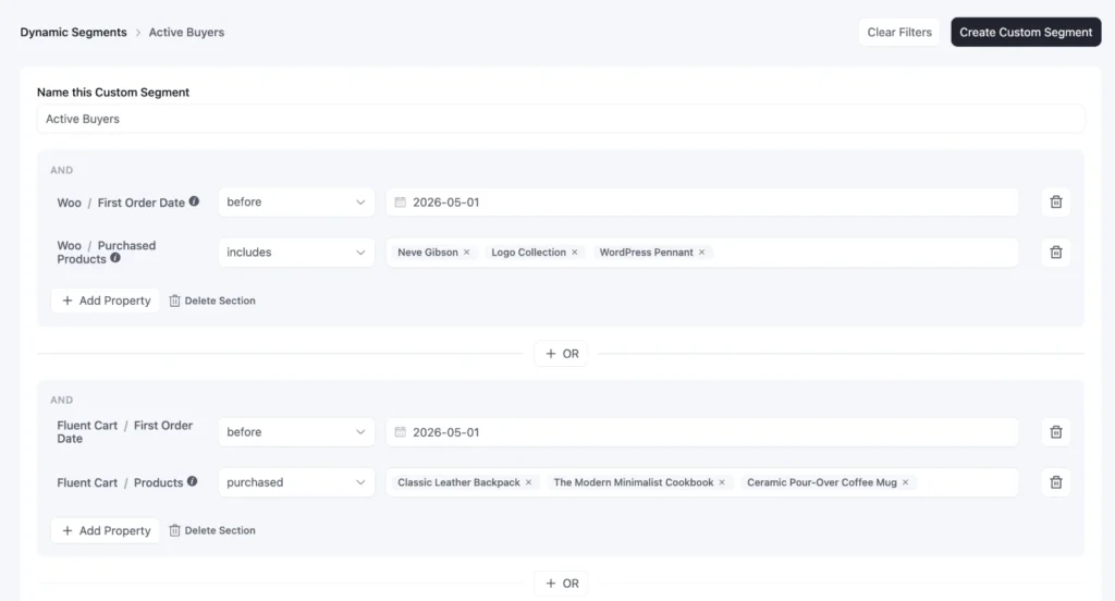 Dashboard interface for creating a custom segment for active buyers.