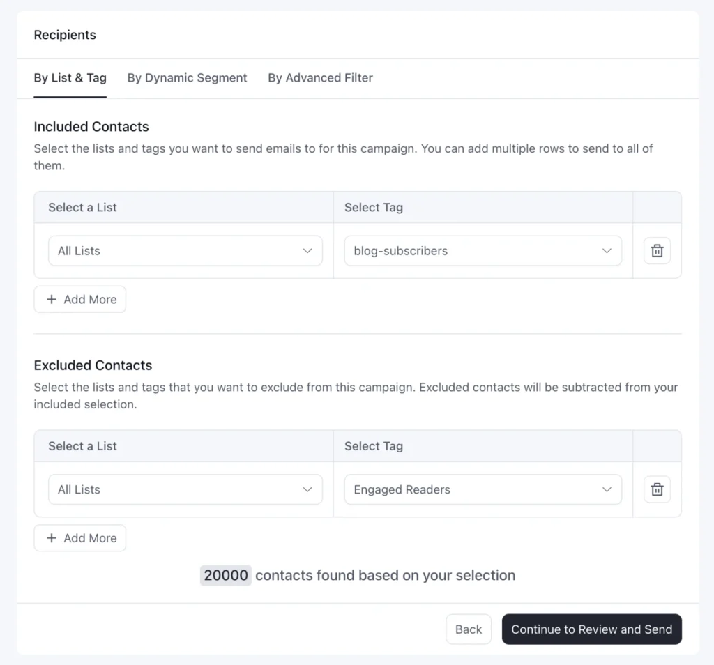 User interface for including and excluding email campaign recipients.