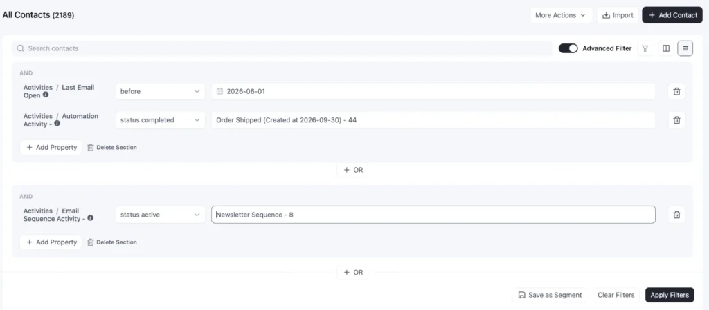 Advanced filter interface for managing CRM contact lists.