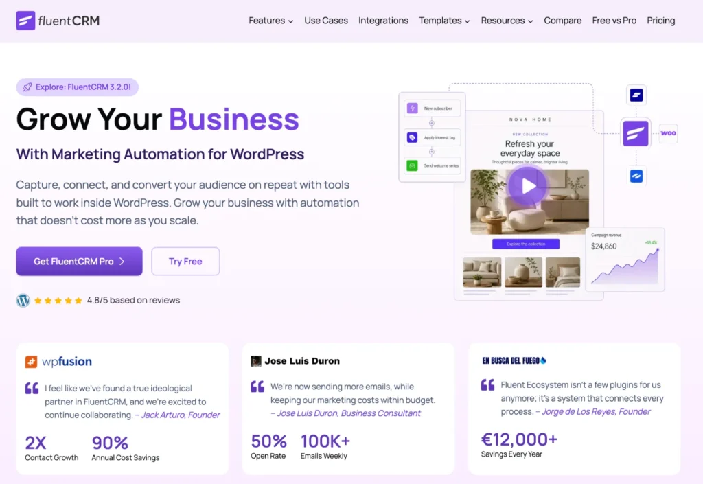 FluentCRM homepage showing marketing automation tools for WordPress websites.