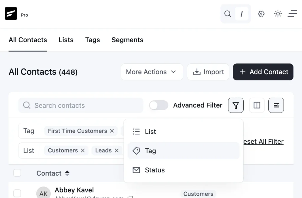 CRM dashboard showing contact list with advanced filter dropdown.