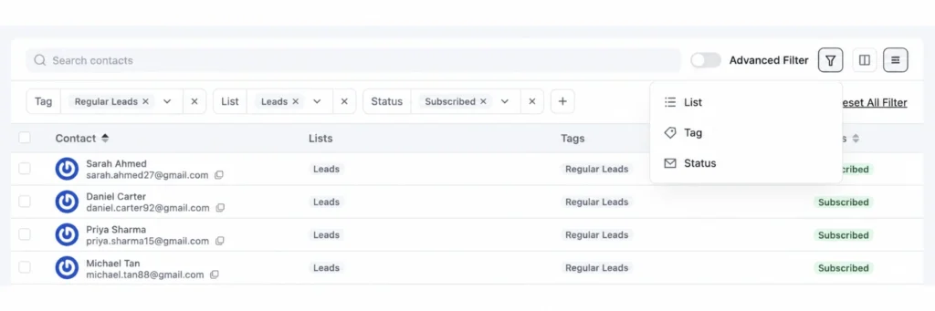 list, tag & status based segmentation