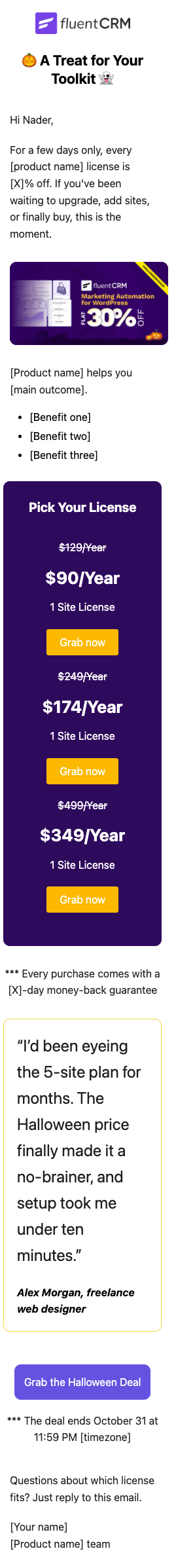 FluentCRM Halloween sale promotional email template with pricing tiers.