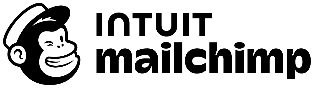 Black and white Intuit Mailchimp logo with monkey icon.