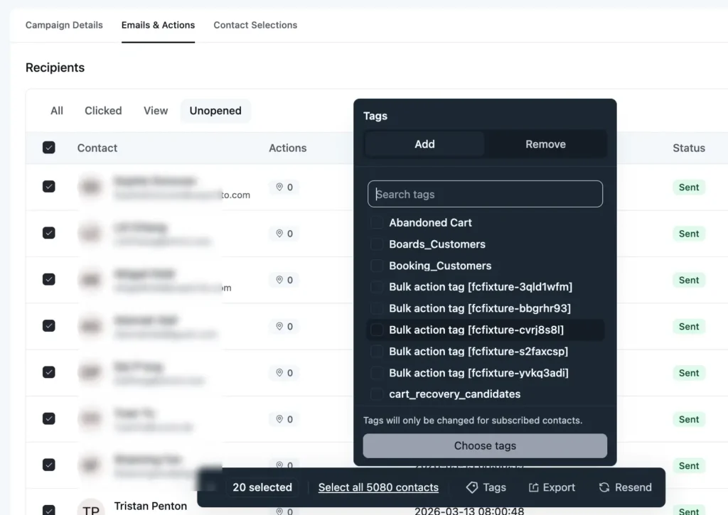 Email campaign dashboard showing contact list and tag selection menu.
