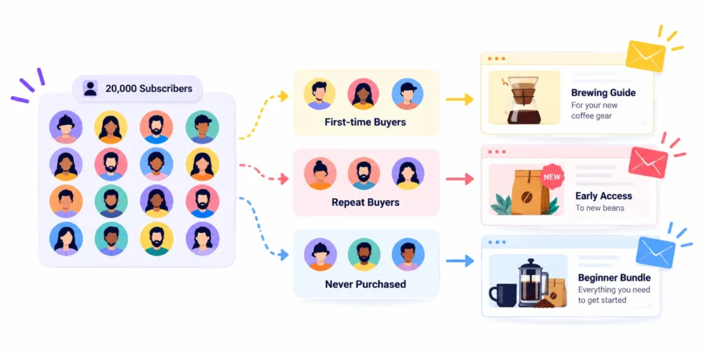 Diagram showing email list segmentation into targeted buyer categories.