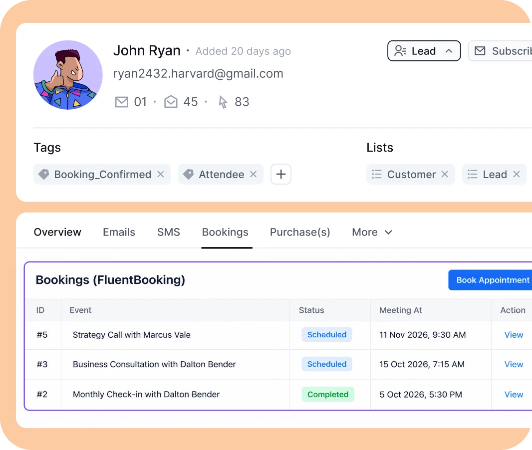User profile dashboard showing booking history for John Ryan.