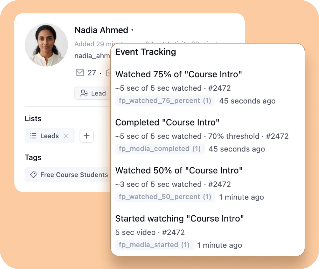 Screenshot of a user profile and detailed event tracking log.