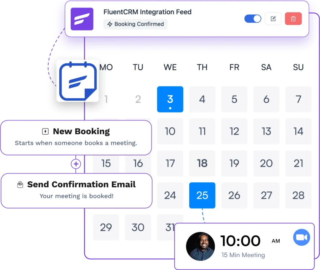 Automated booking workflow integrated with a calendar and CRM system.