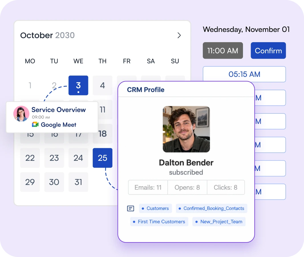 Digital CRM interface with calendar, profile, and appointment scheduling.