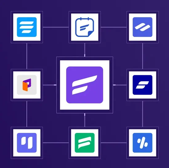 A grid of app icons connected to a central logo.