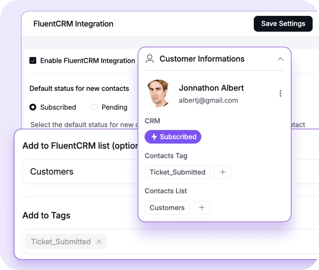 Software dashboard for FluentCRM integration with customer profile details.