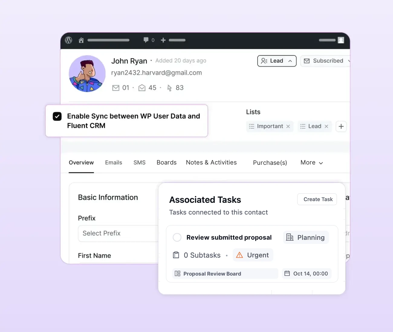 Fluent CRM interface showing contact details and associated tasks.