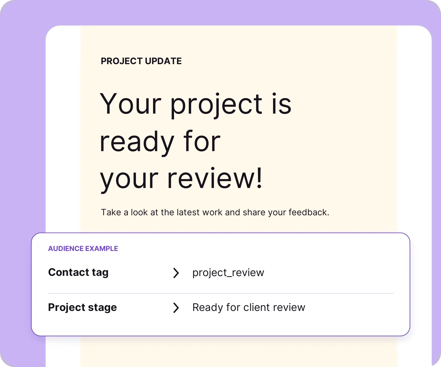 Digital notification card saying 'Your project is ready for review'.