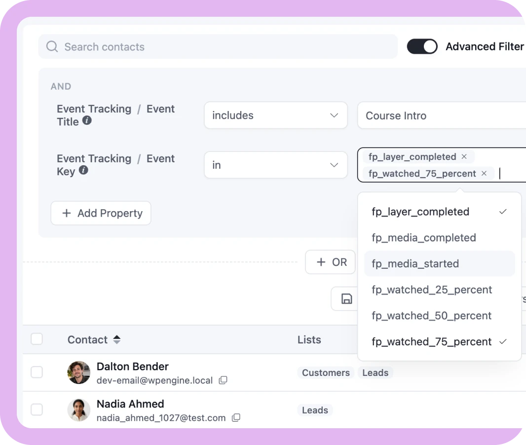 UI showing advanced contact filtering by event tracking criteria.
